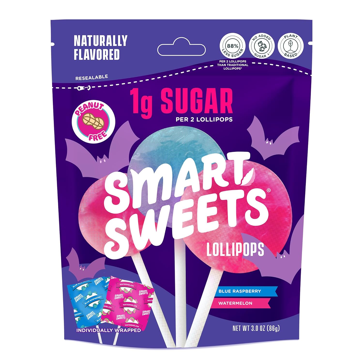12 individually wrapped lollipops per 3 oz bag in two fruity flavors (blue raspberry and watermelon)