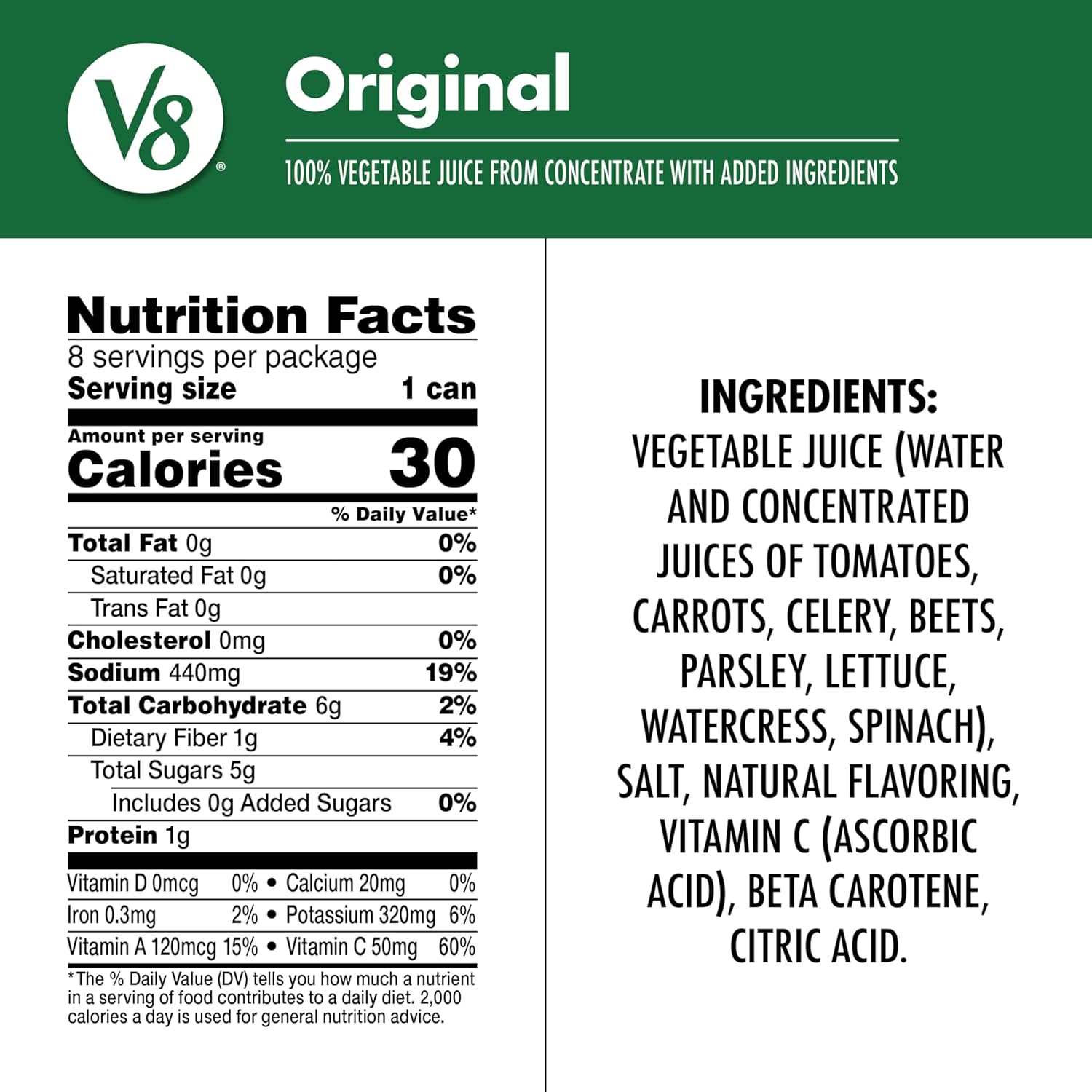 2.5 servings of vegetables and excellent source of vitamins a and c per 11.5 fl oz can