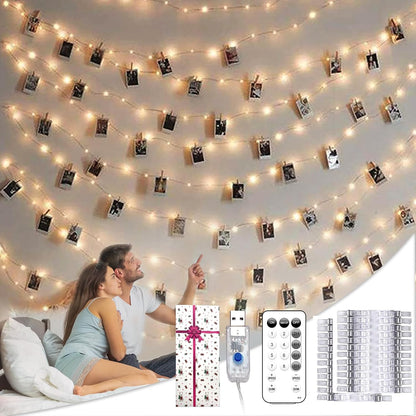 40ft string with 120 led bulbs and 50 clear plastic photo clips