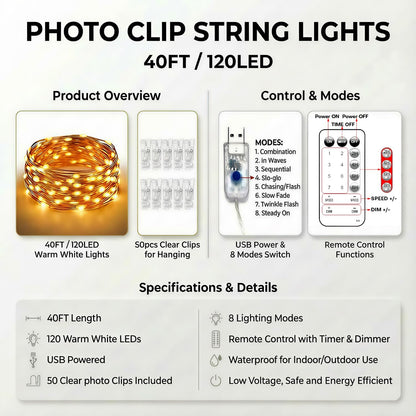 Bedroom Wall Decor Fairy Lights with Photo Clips - 40FT Warm White 3000K String Lights, Dimmable USB Powered Dorm Apartment Aesthetic