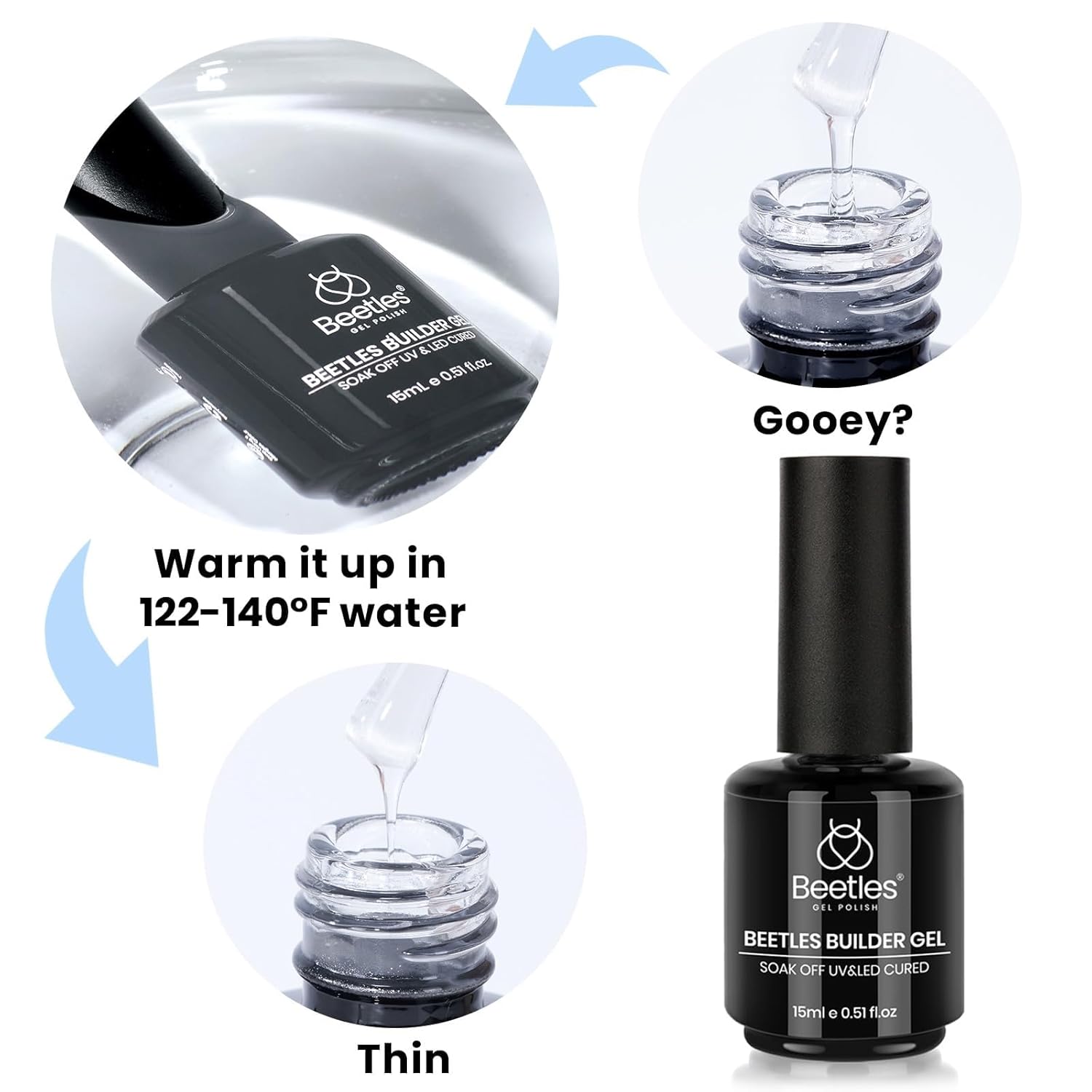 Beetles Clear Builder Gel for Nails – Home Use Nail Enhancement Gel for Overlays & Repairs, 15ml LED/UV Cure Bottle for Daily Manicure
