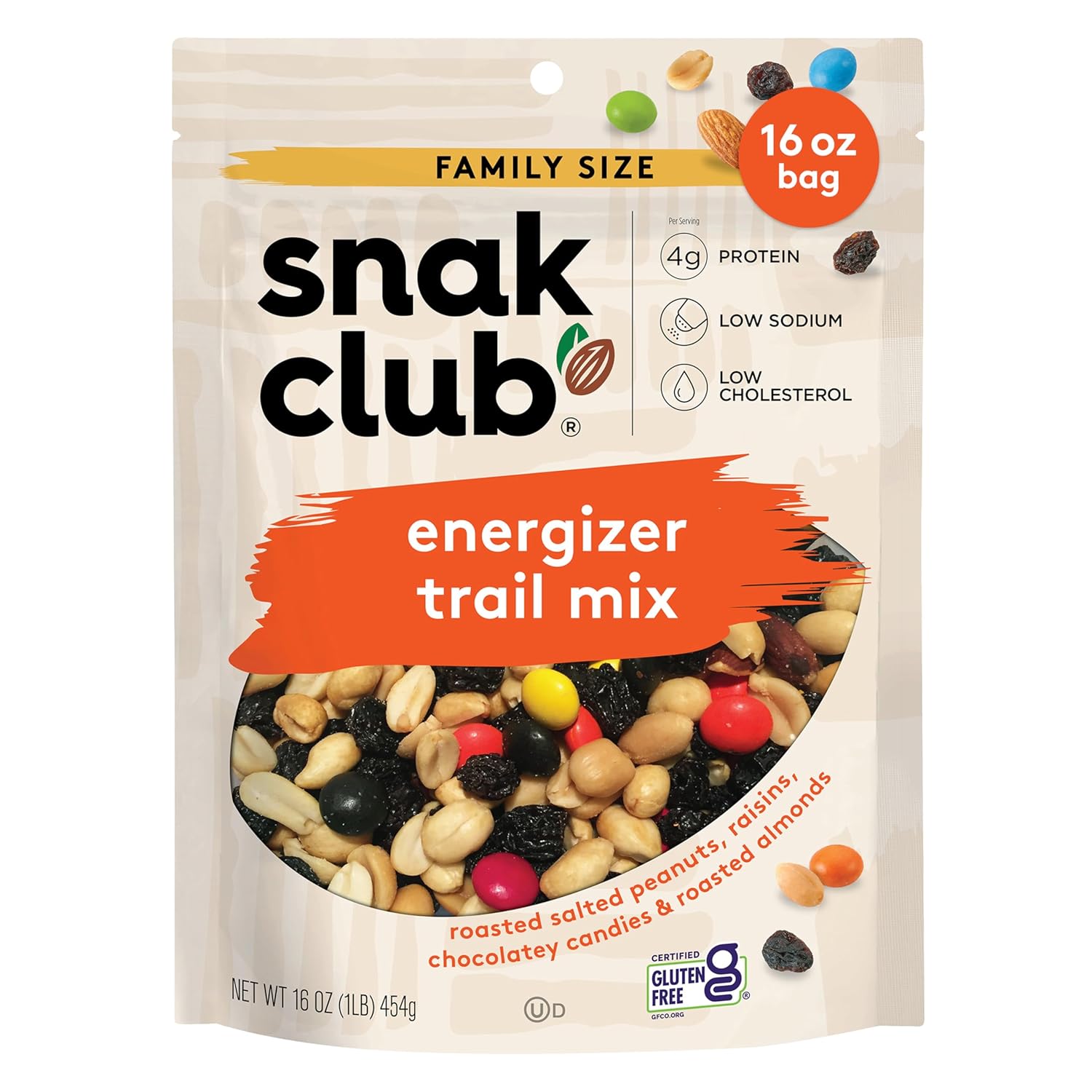 blend of roasted salted peanuts, roasted almonds, raisins, and chocolatey candies
