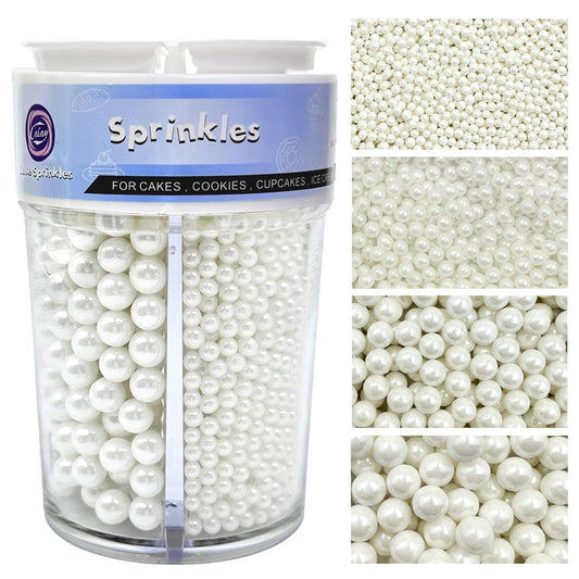 four included sizes: 2mm, 4mm, 7mm, and 10mm pearl sprinkles