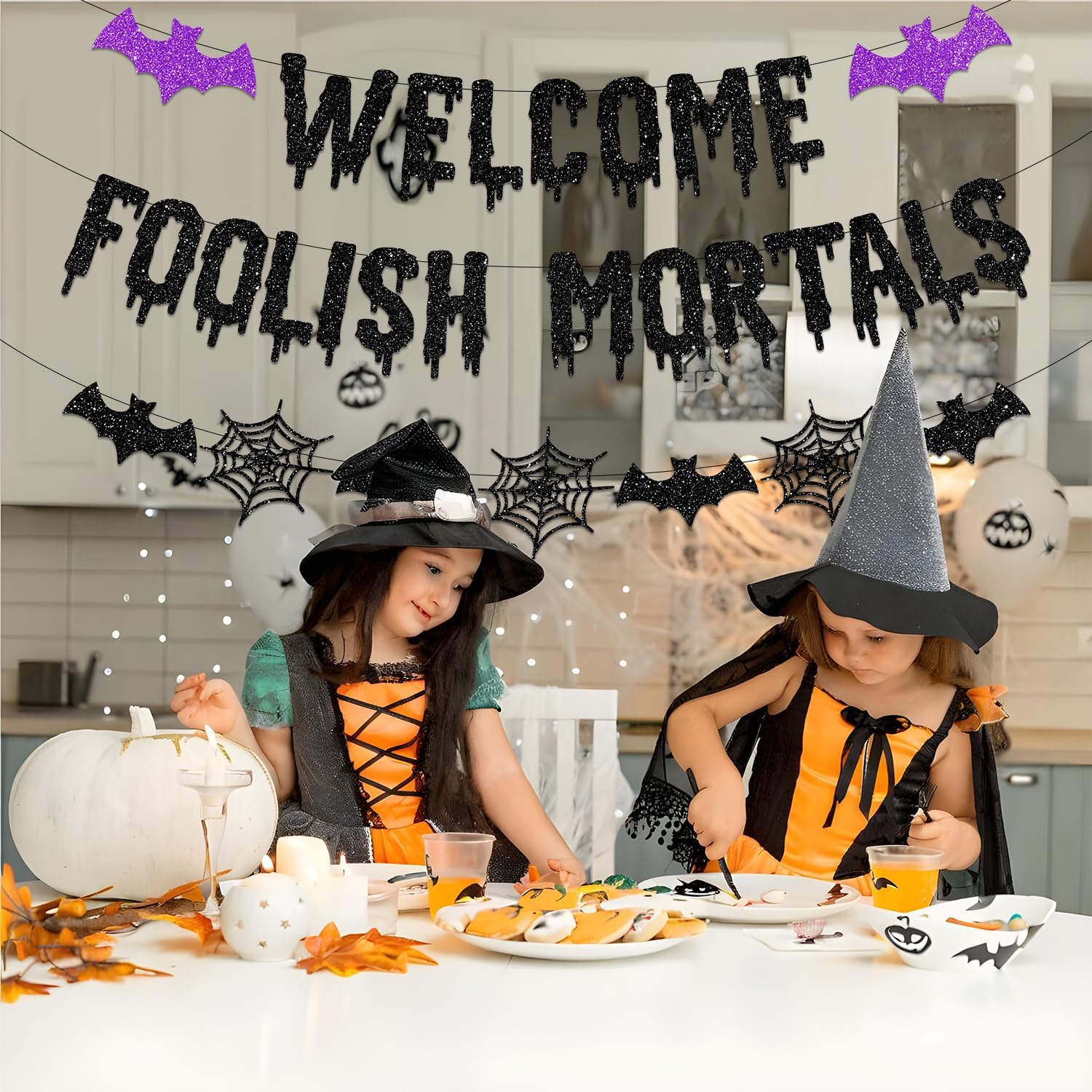 Halloween Banner Set for Kids Party – Pre-Assembled Welcome Sign and Hanging Bat for Nursery-Style Soft Spooky Decor