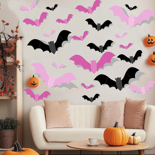 Halloween Bat Stickers – Foldable 3D PVC Wall Decals in Orange Purple Black, Cozy Home Decor Accent for Living Room Walls and Mantles