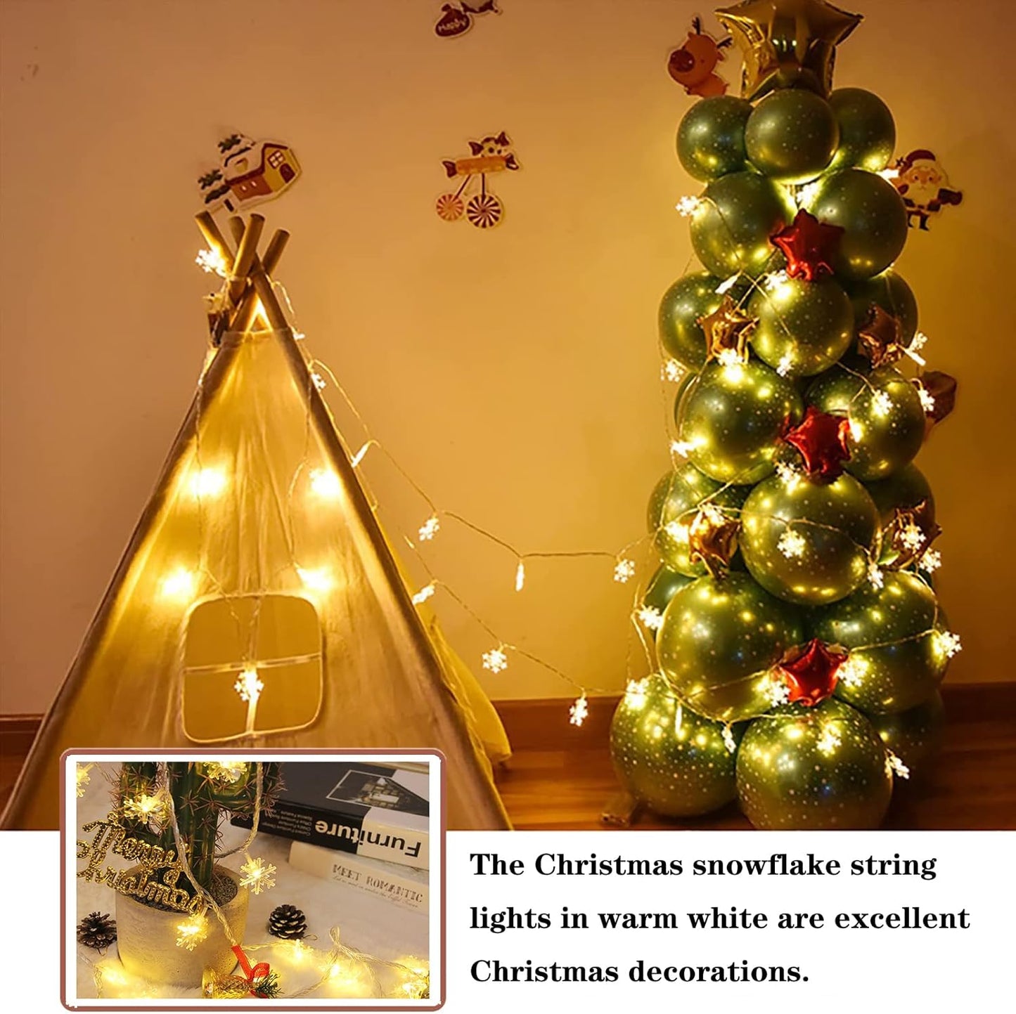 LuminGlow Snowflake String Lights – Garden Party Decor, Weatherproof Battery Powered Lights for Pergola and Fence