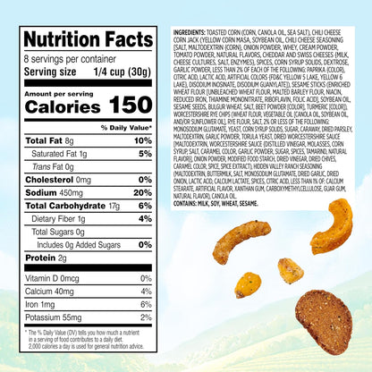 multi-component blend: toasted corn, chili cheese corn jacks, sesame sticks, and rye chips