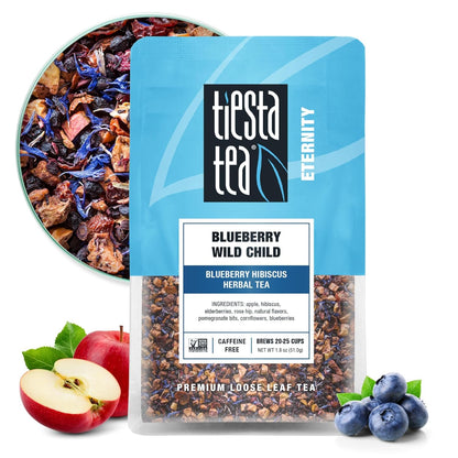 non-caffeinated herbal blend of blueberries, elderberries, hibiscus, apple pieces, and cornflowers