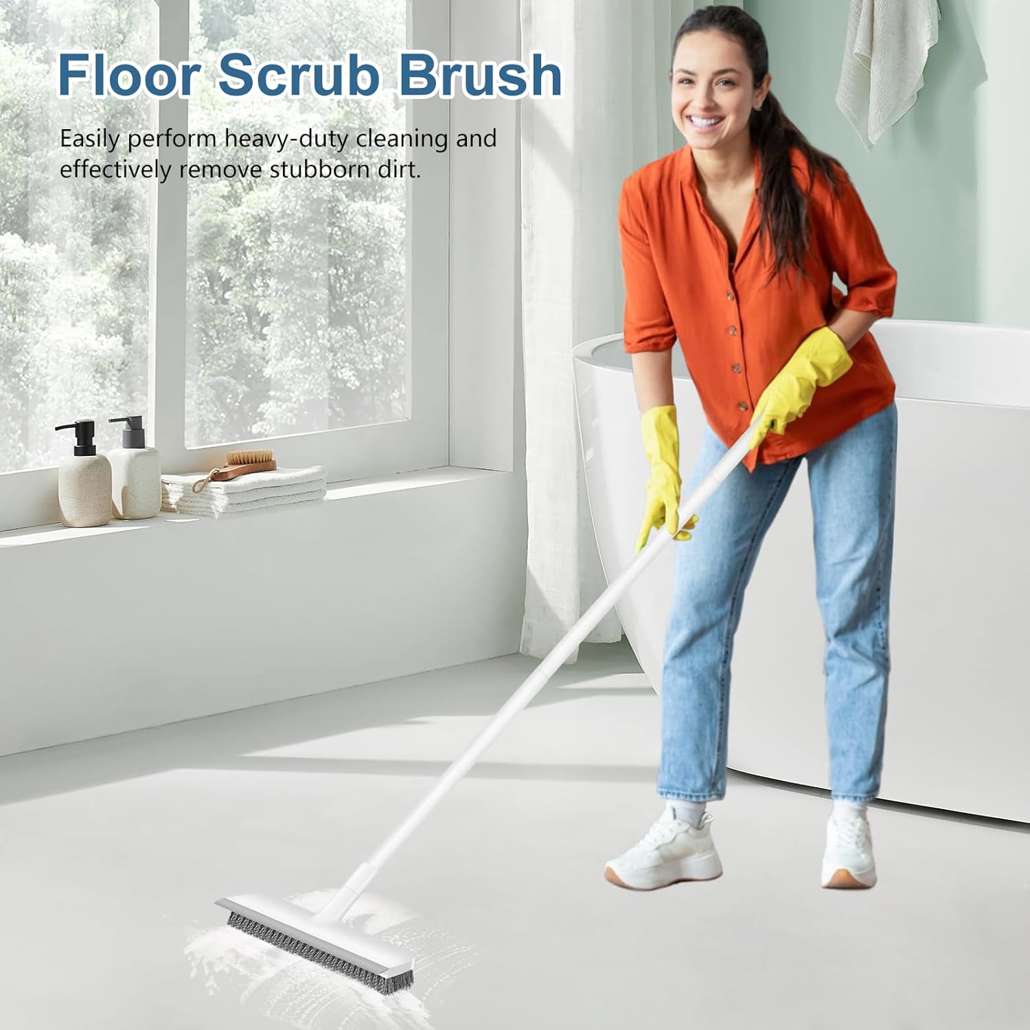SetSail One Tool Floor Cleaner Brush with Adjustable Handle, Declutter Cleaning Closet with Stiff Bristle Scrubber and Built in Scraper