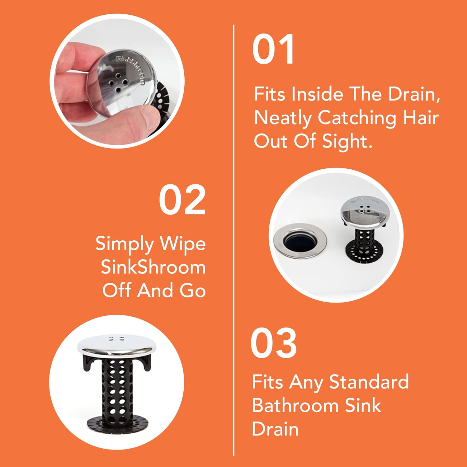 SinkShroom Chrome Edition - Pet-Safe and Child-Friendly Bathroom Sink Hair Trap Without Toxic Drain Cleaners