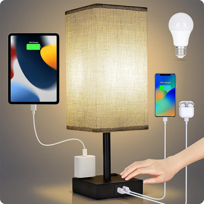 Soilsiu Sleek Touch Lamp with USB-C, USB-A and 120V Outlets, All-in-One Minimalist Bedside Charging Light