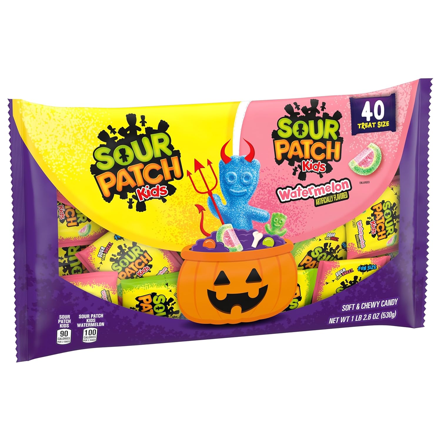 SOUR PATCH KIDS Assorted Fruit & Watermelon Halloween Treats - 40 Individually Wrapped Kid-Safe Candy Bags for Class Party