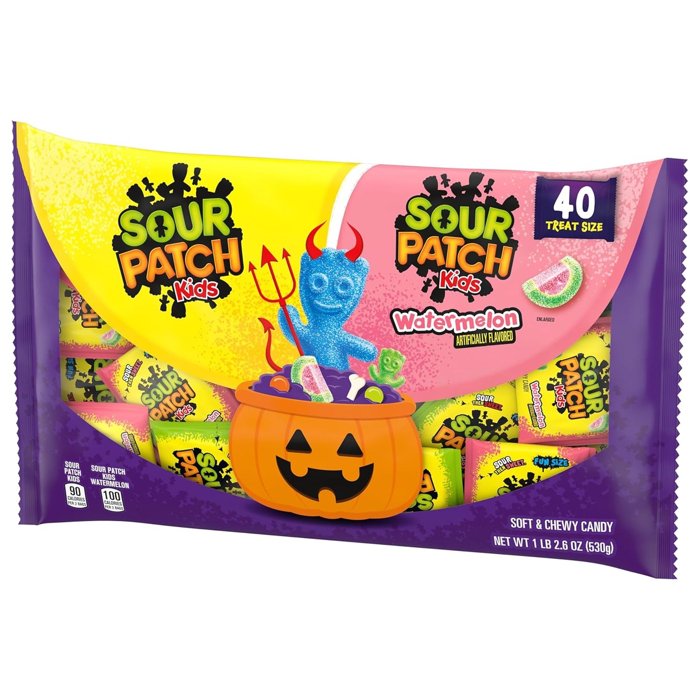 SOUR PATCH KIDS Assorted Fruit & Watermelon Halloween Treats - 40 Individually Wrapped Kid-Safe Candy Bags for Class Party