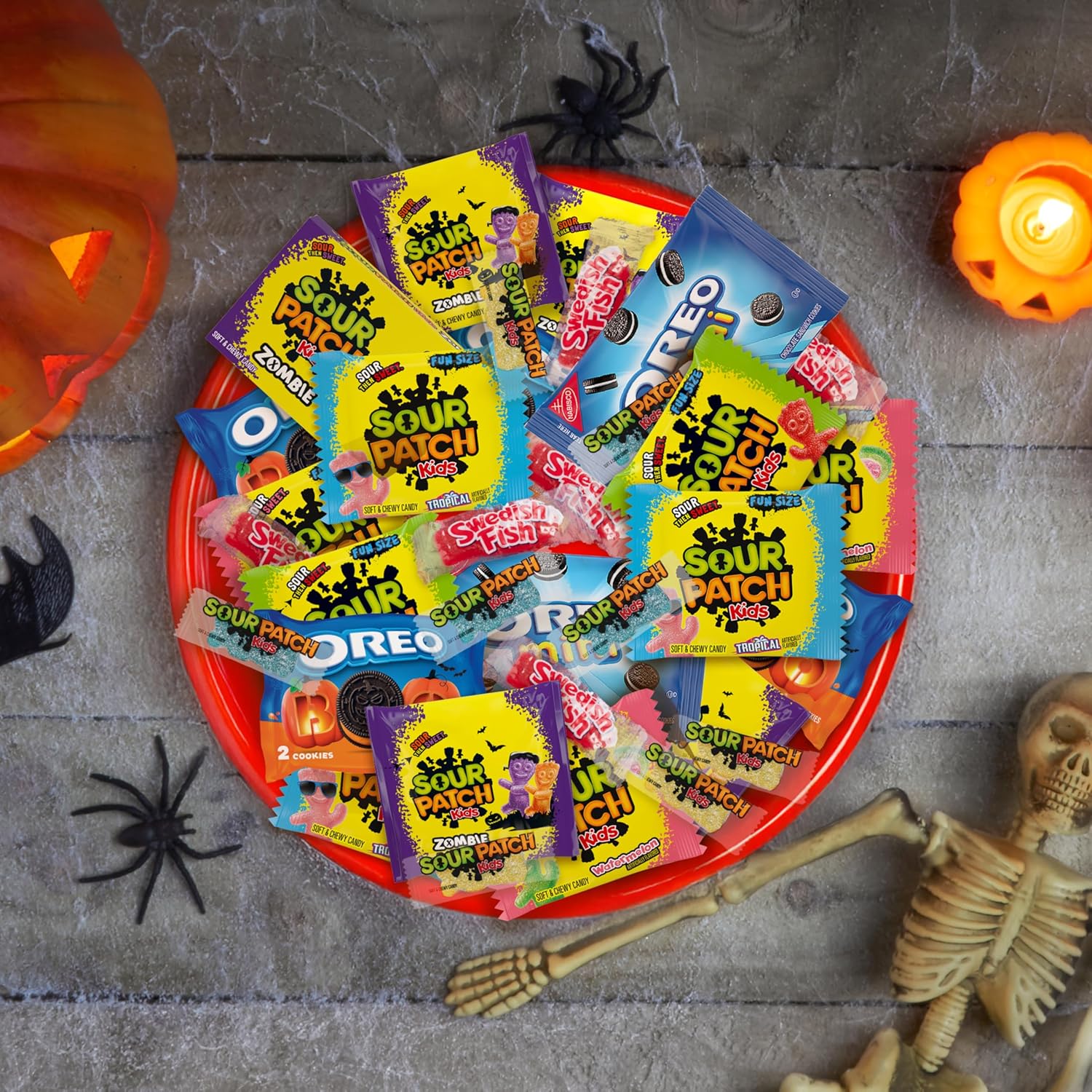 SOUR PATCH KIDS Assorted Fruit & Watermelon Halloween Treats - 40 Individually Wrapped Kid-Safe Candy Bags for Class Party