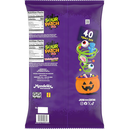 SOUR PATCH KIDS Assorted Fruit & Watermelon Halloween Treats - 40 Individually Wrapped Kid-Safe Candy Bags for Class Party