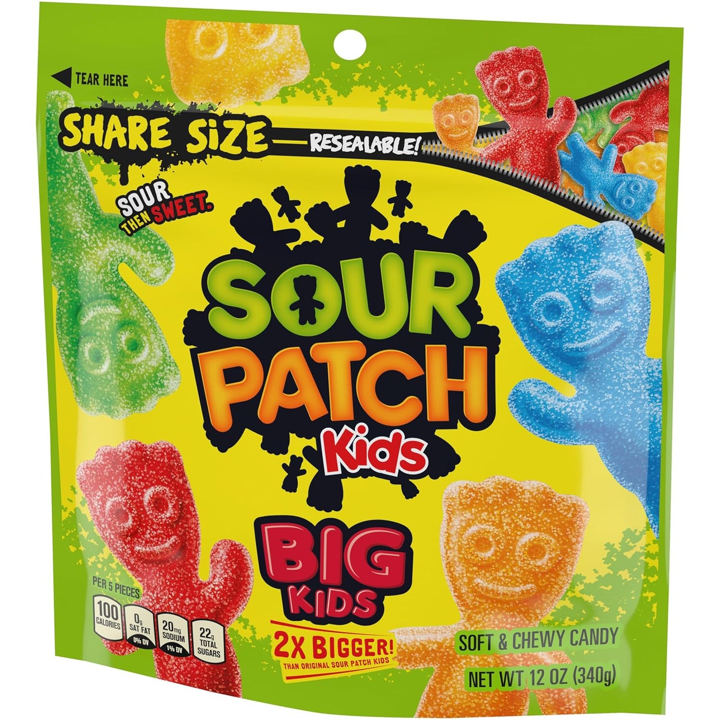 SOUR PATCH KIDS Big Kids Assorted Fruit Gummies for Kids' Snack Drawer, 12 oz Family Resealable Bag