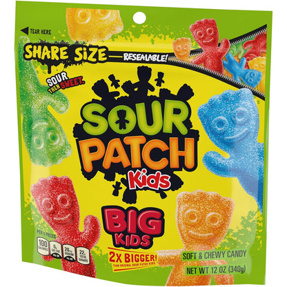 SOUR PATCH KIDS Big Kids Assorted Fruit Gummies for Kids' Snack Drawer, 12 oz Family Resealable Bag