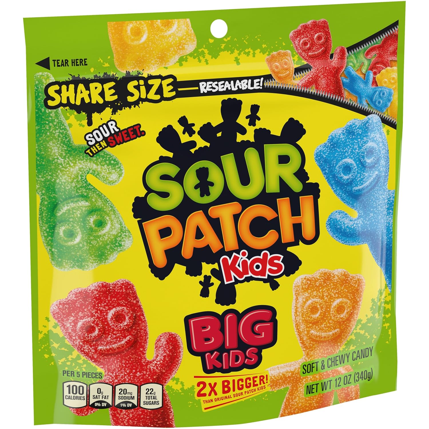 SOUR PATCH KIDS Big Kids Assorted Fruit Gummies for Kids' Snack Drawer, 12 oz Family Resealable Bag
