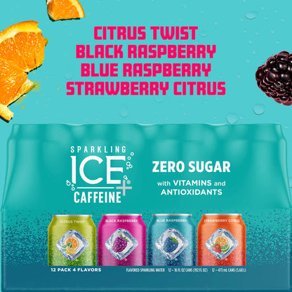 Sparkling Ice Caffeine Black Raspberry Sparkling Water for Remote Work Midday Boost, Low Calorie Sparkling Water for the Desk