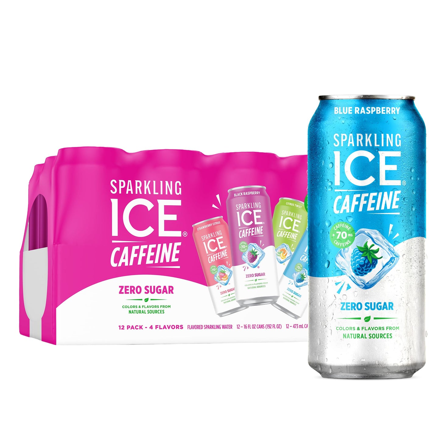 Sparkling Ice Caffeine Black Raspberry Sparkling Water for Remote Work Midday Boost, Low Calorie Sparkling Water for the Desk