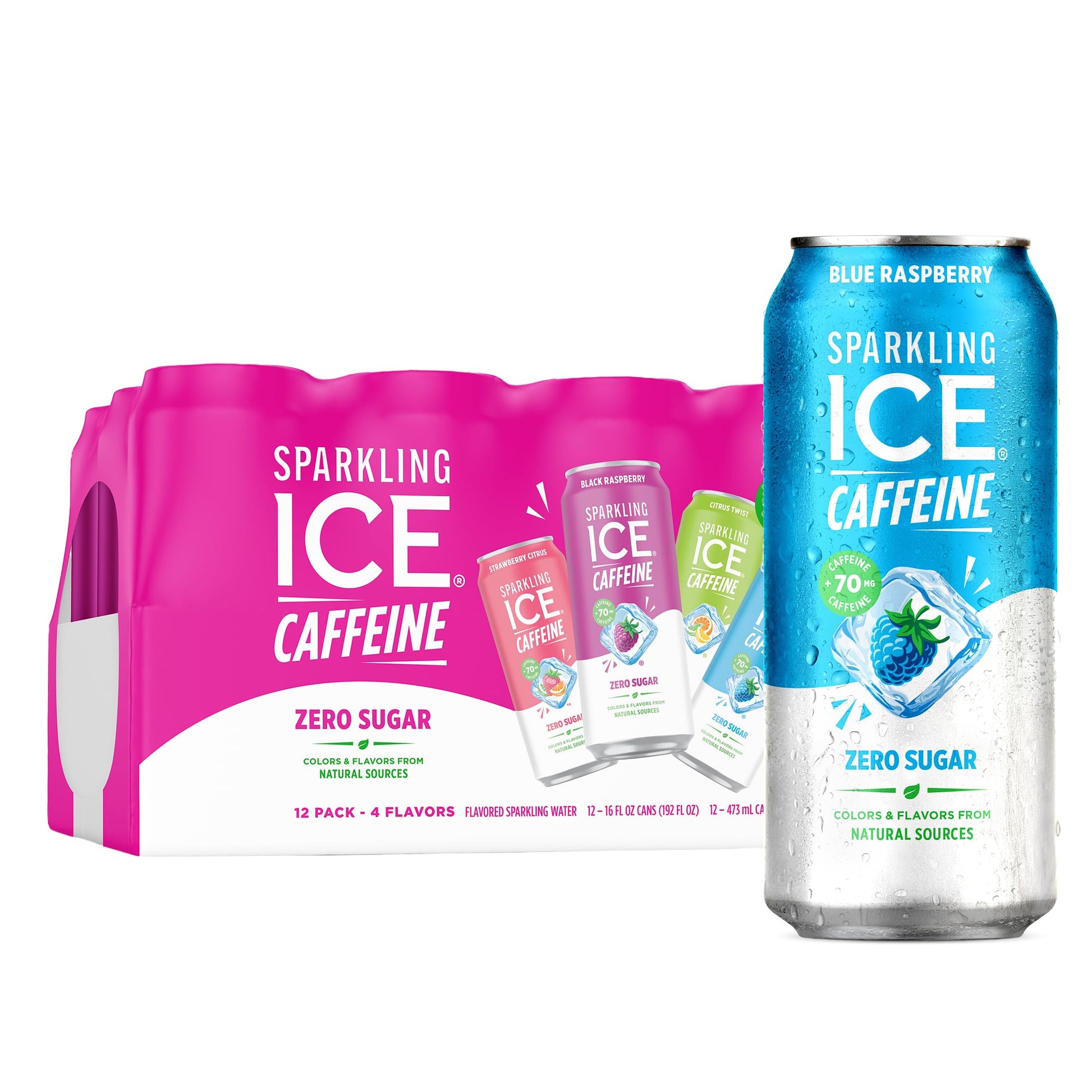 Sparkling Ice Caffeine Black Raspberry Sparkling Water for Remote Work Midday Boost, Low Calorie Sparkling Water for the Desk