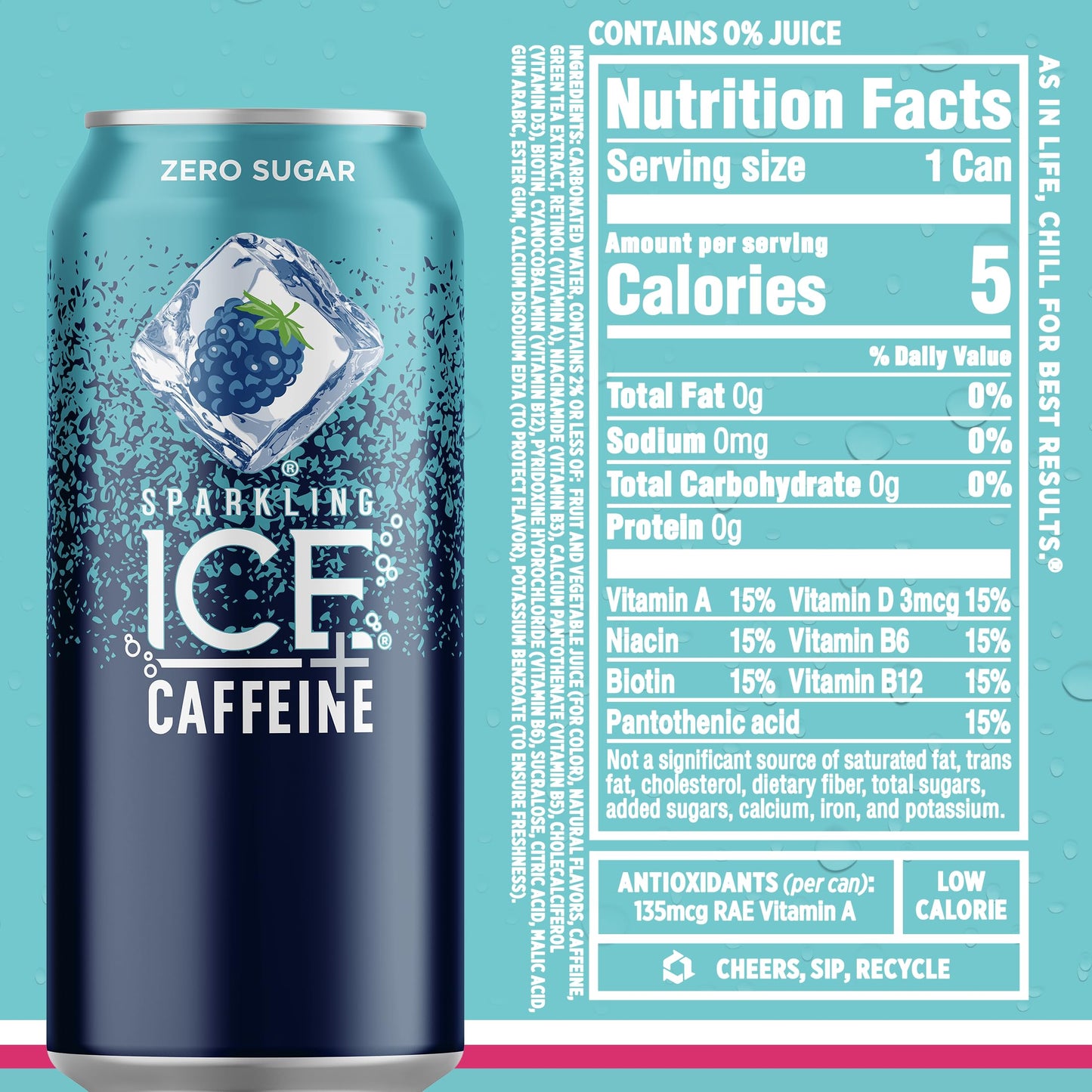 Sparkling Ice Caffeine Black Raspberry Sparkling Water for Remote Work Midday Boost, Low Calorie Sparkling Water for the Desk