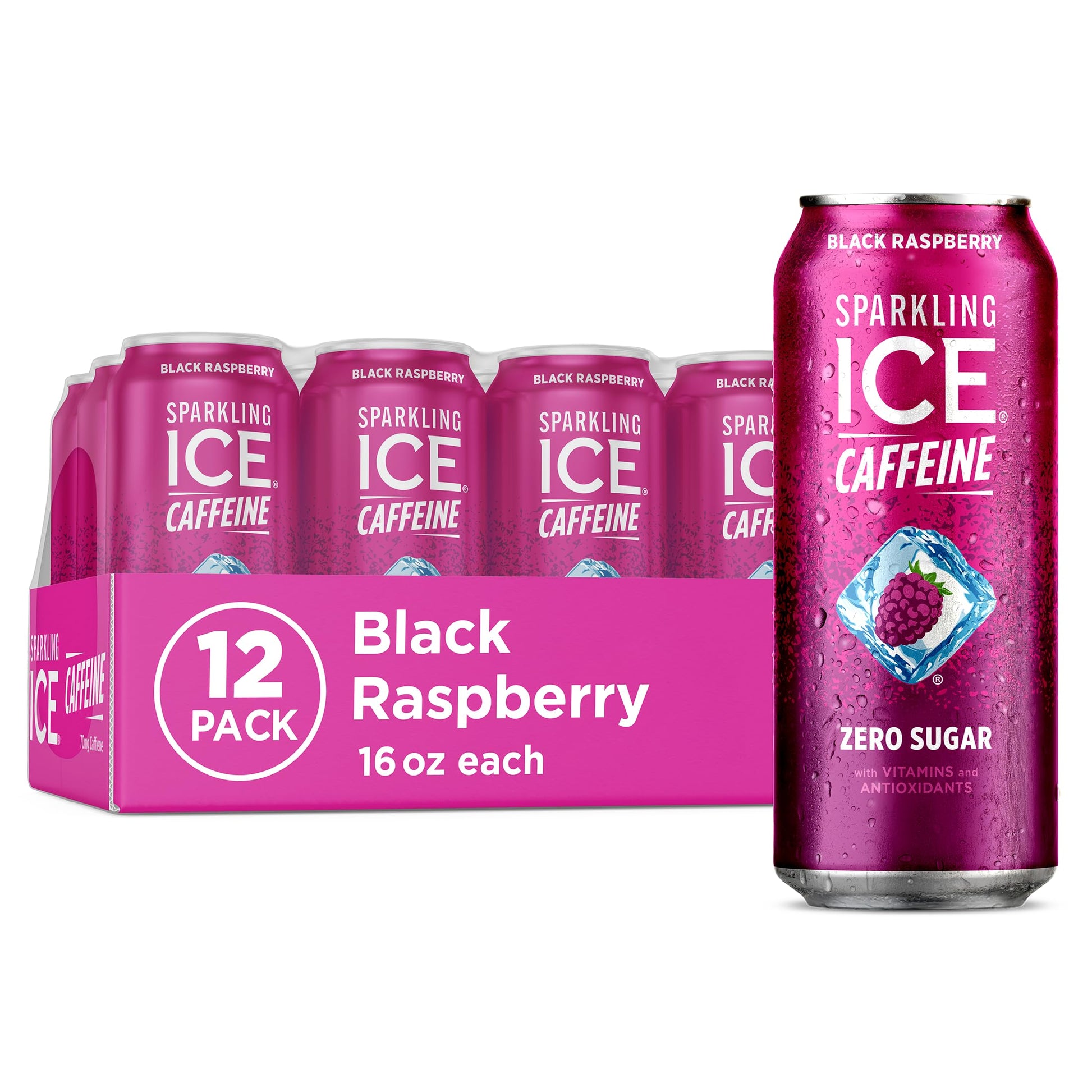 Sparkling Ice Caffeine Black Raspberry Sparkling Water for Wellness Focused Drinkers, Zero Sugar Daily Vitamin Boost in 16 oz Cans