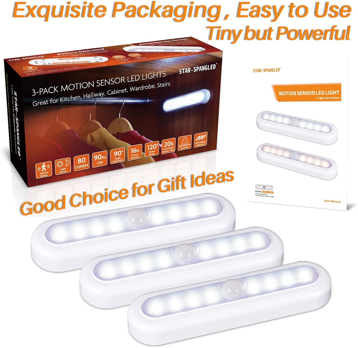 STAR-SPANGLED 3 Pack Motion Activated LED Light Battery Operated – Neutral Cool White Light Bar for Minimalist Bedroom and Under Cabinet Spaces