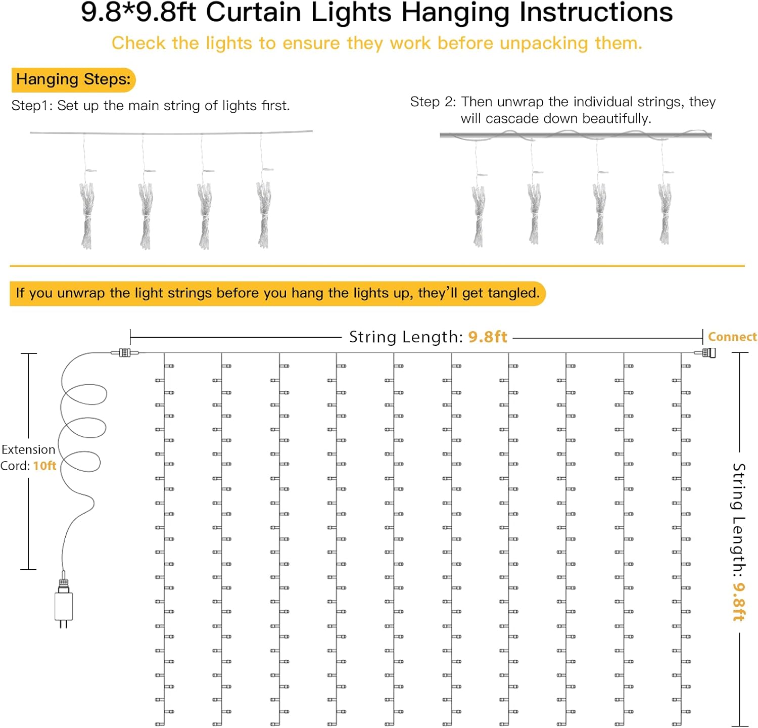 suddus LED Curtain Lights with Remote – Romantic Valentine's Day Gift for Her, 9.8x9.8ft 300 LED Warm White with Dimmable Modes