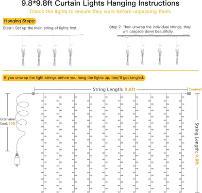 suddus LED Curtain Lights with Remote – Romantic Valentine's Day Gift for Her, 9.8x9.8ft 300 LED Warm White with Dimmable Modes