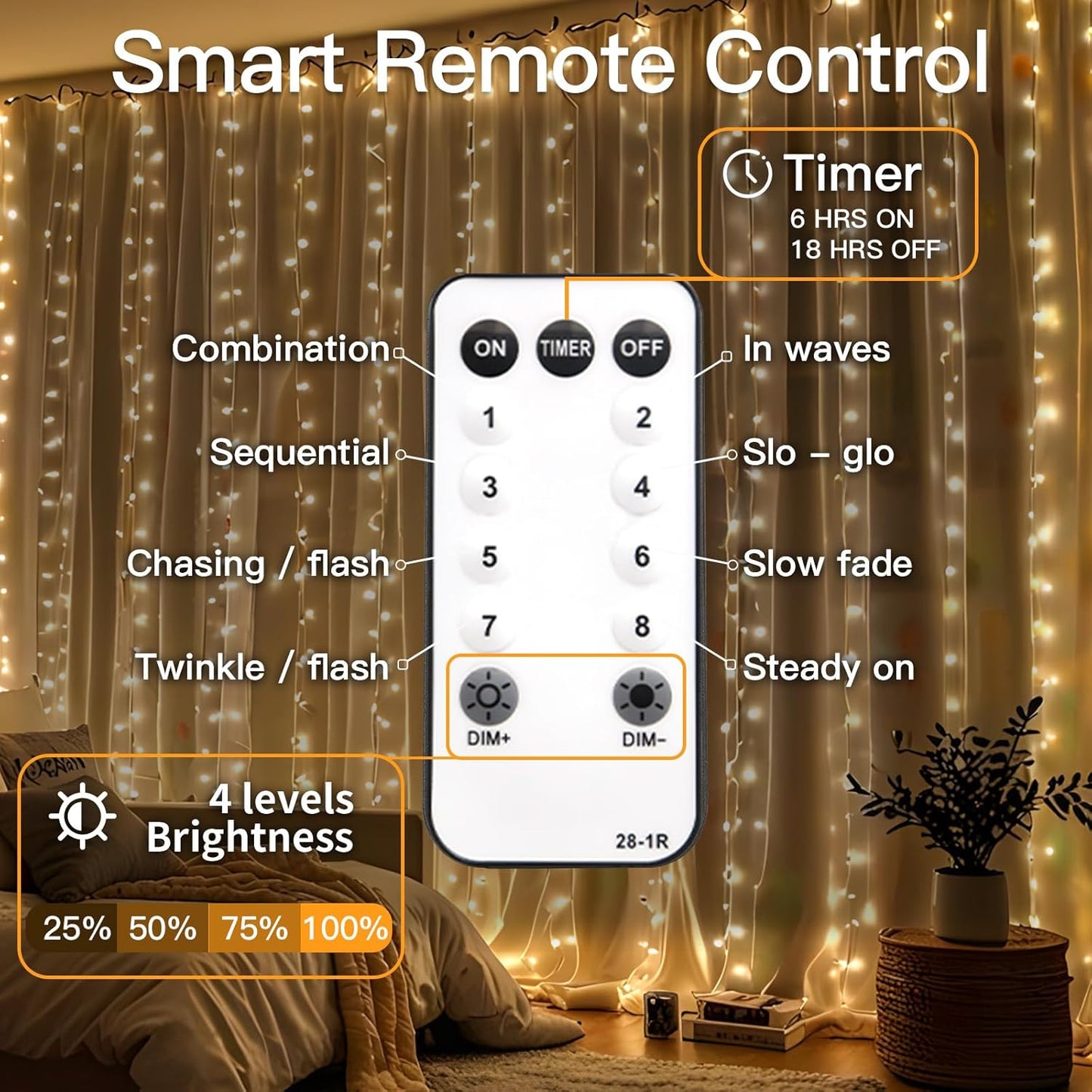 suddus LED Curtain Lights with Remote – Romantic Valentine's Day Gift for Her, 9.8x9.8ft 300 LED Warm White with Dimmable Modes