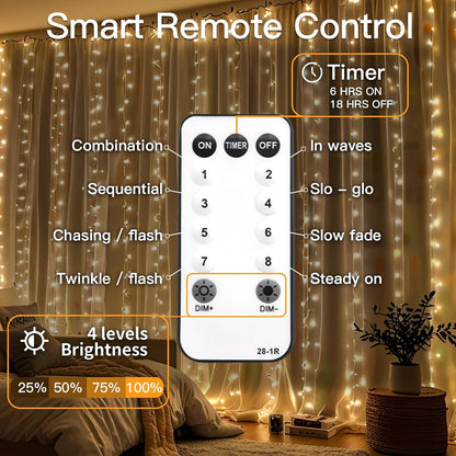 suddus LED Curtain Lights with Remote – Romantic Valentine's Day Gift for Her, 9.8x9.8ft 300 LED Warm White with Dimmable Modes