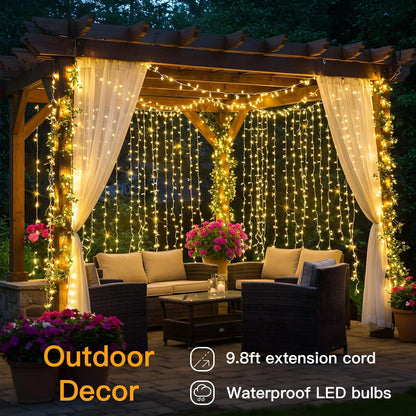 suddus Weatherproof Curtain Lights for Porch and Pergola – 6.5ft x 6.5ft Warm White Outdoor String with Low-Heat LEDs