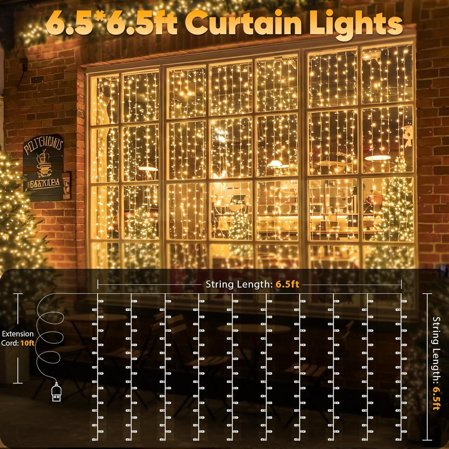 suddus Weatherproof Curtain Lights for Porch and Pergola – 6.5ft x 6.5ft Warm White Outdoor String with Low-Heat LEDs