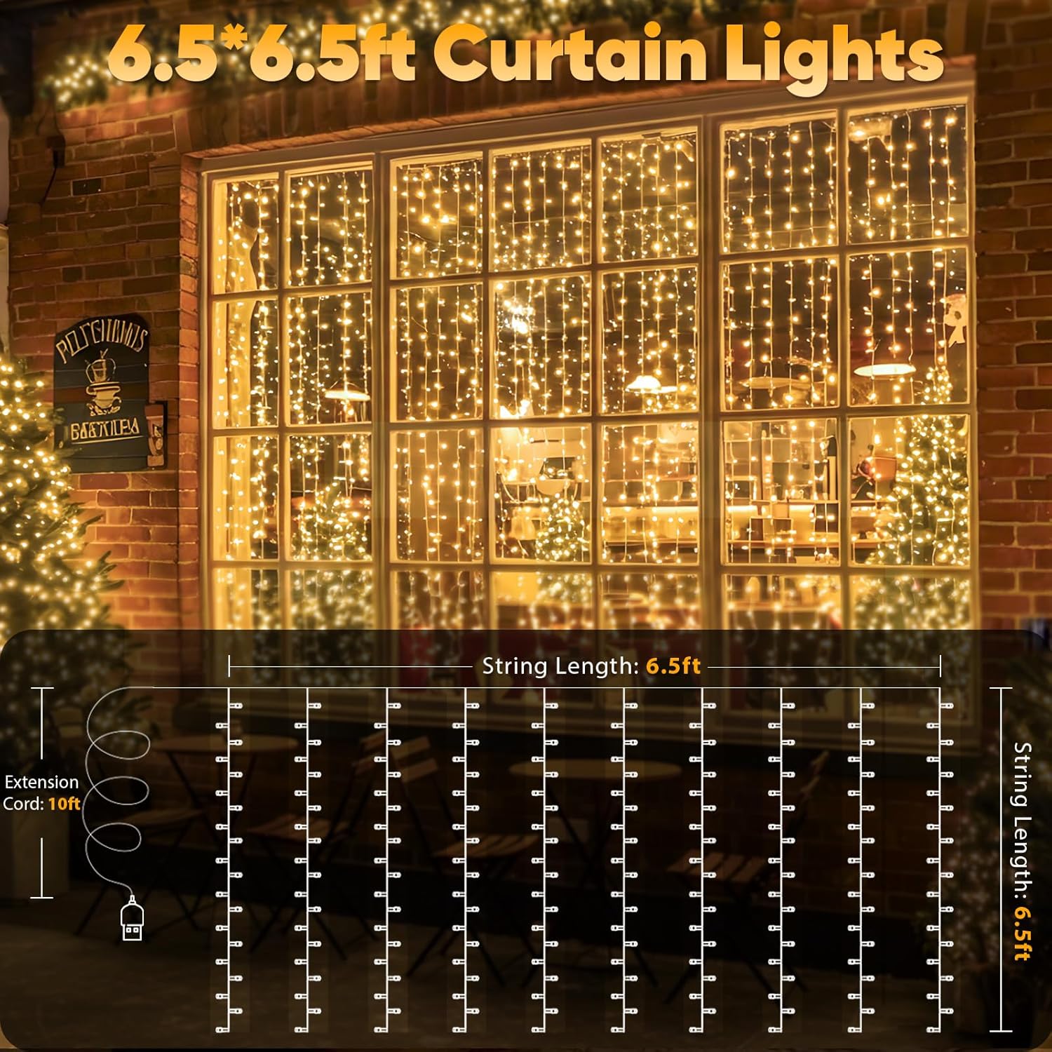 suddus Weatherproof Curtain Lights for Porch and Pergola – 6.5ft x 6.5ft Warm White Outdoor String with Low-Heat LEDs