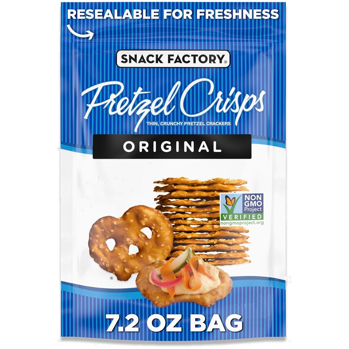 thin, flat pretzel chip shape with no doughy center, baked for a hearty crunch