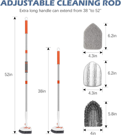 three interchangeable cleaning heads: hard bristle brush, scrub sponge, and microfiber pad