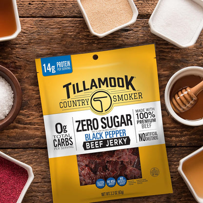 Tillamook Country Smoker Keto Friendly Zero Sugar Beef Jerky, Black Pepper, 6.5 Ounce — Shelf-Stable Trail Protein for Hikers and Hunters