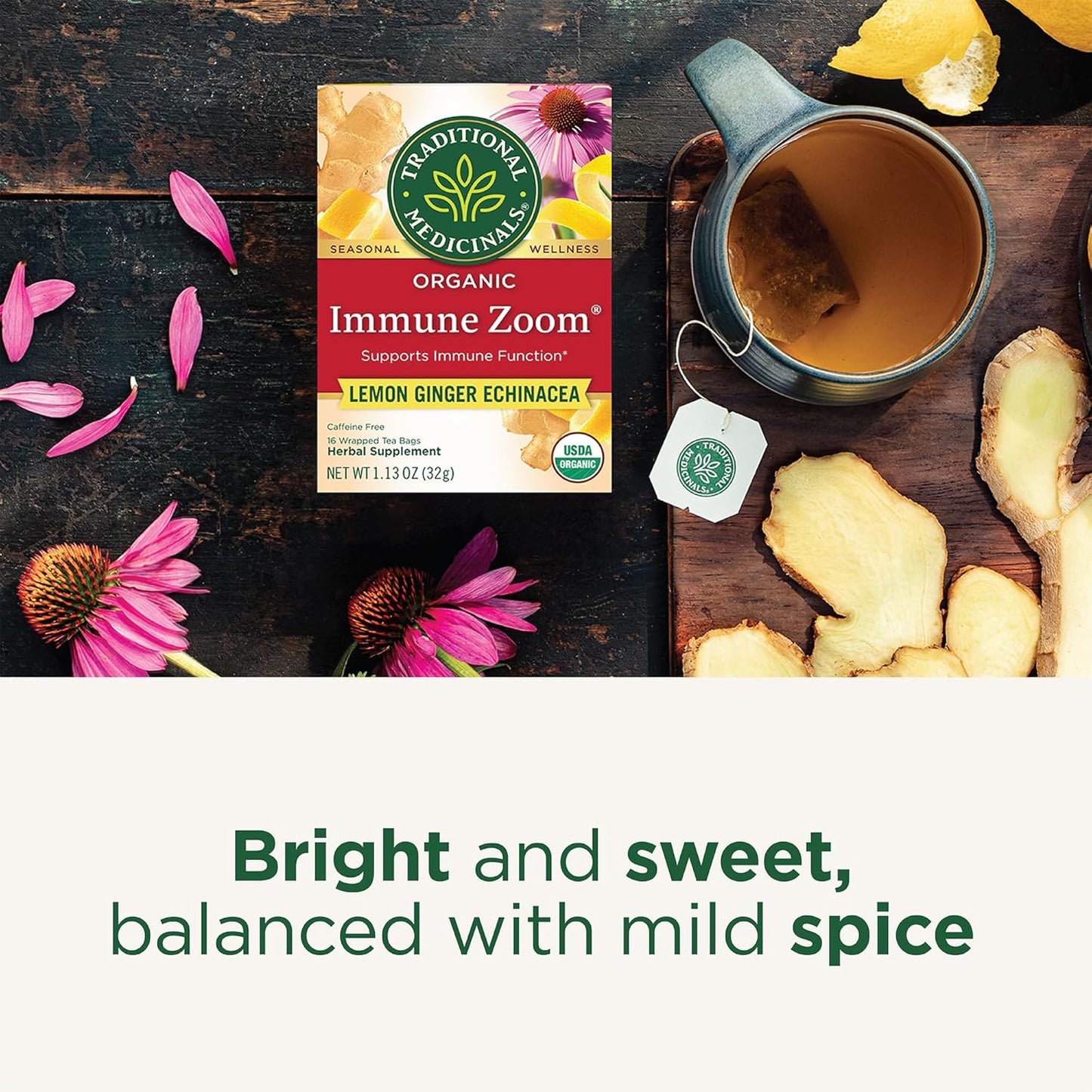Traditional Medicinals Organic Immune Zoom Lemon Ginger Tea - Outdoor Patio Sipper for Crisp Evening Refreshment