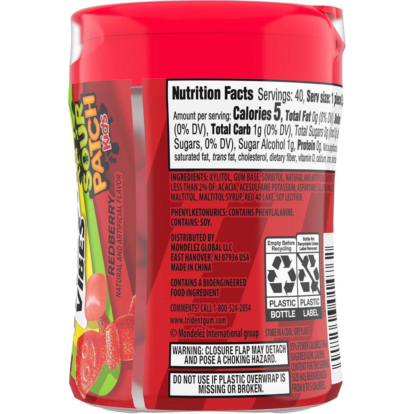 Trident Vibes SOUR PATCH KIDS Blue Raspberry Sugar-Free Chewing Gum – Road Trip and Car Cup Holder Travel Pack, 4 Bottles
