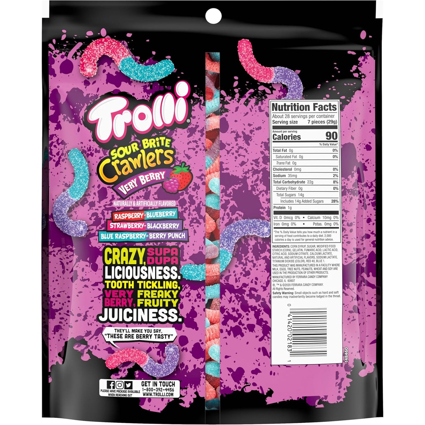 Trolli Sour Brite Crawlers Gummy Worms 28.8 oz - Durable Resealable Sour Candy Pack for Festivals, Backyard BBQs, and Outdoor Birthday Parties