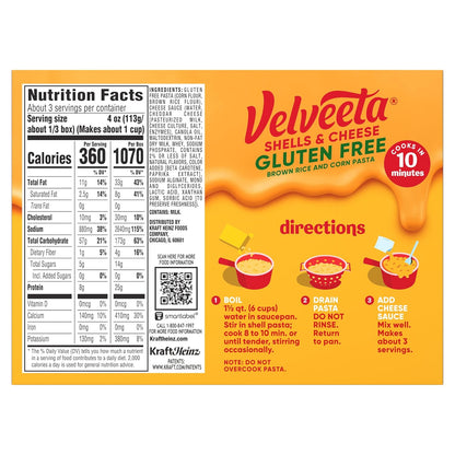 Velveeta Gluten Free Shells & Cheese, Mindful Eating Side for Gluten Free Lifestyle, 12 oz Box
