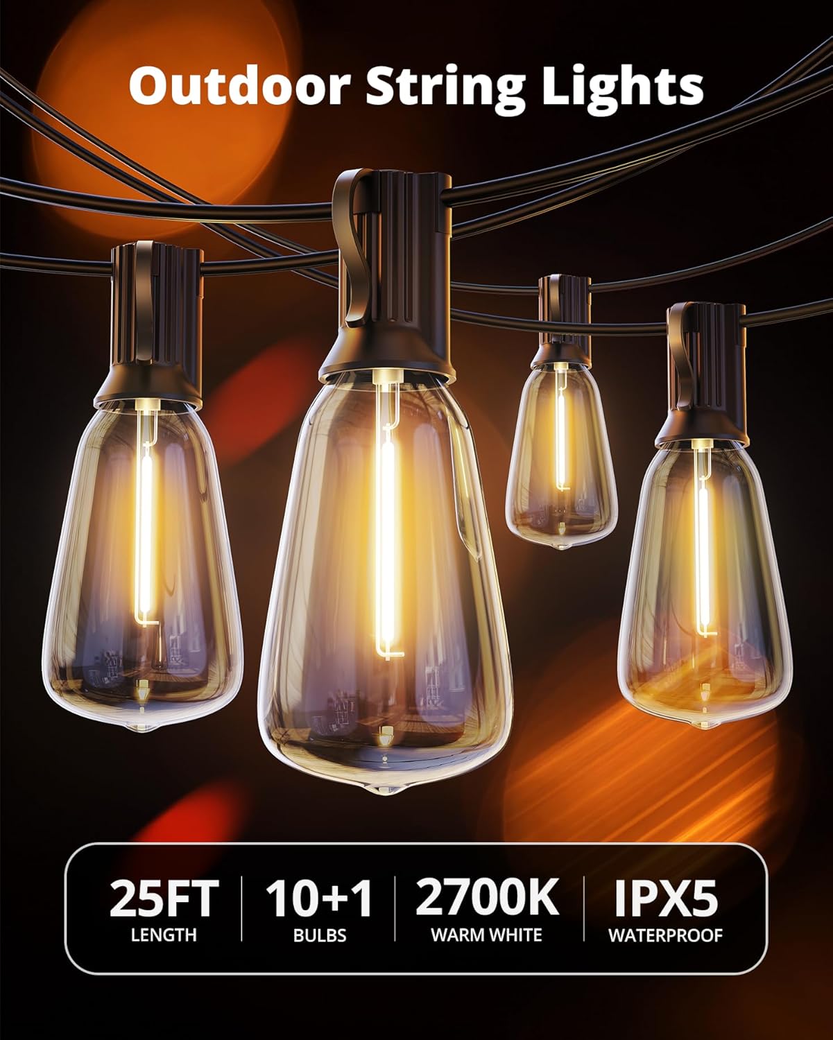 VIPAR Child-Safe Patio String Lights – Shatterproof ST38 Bulbs with Sealed Sockets for Rain, Snow, and Stormy Nights