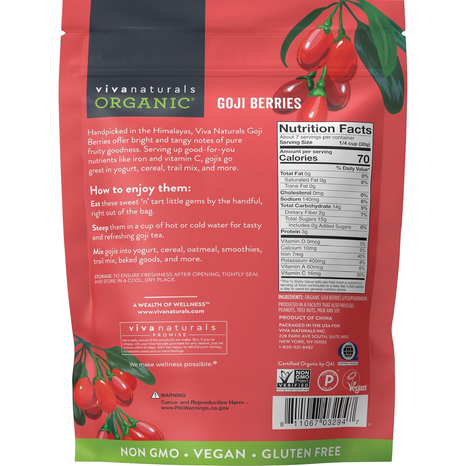 Viva Naturals Non-GMO Goji Berries – Energy-Boosting Trail Snack for Mountain Climbers, Cyclists, and Day-Hikers, 8 oz
