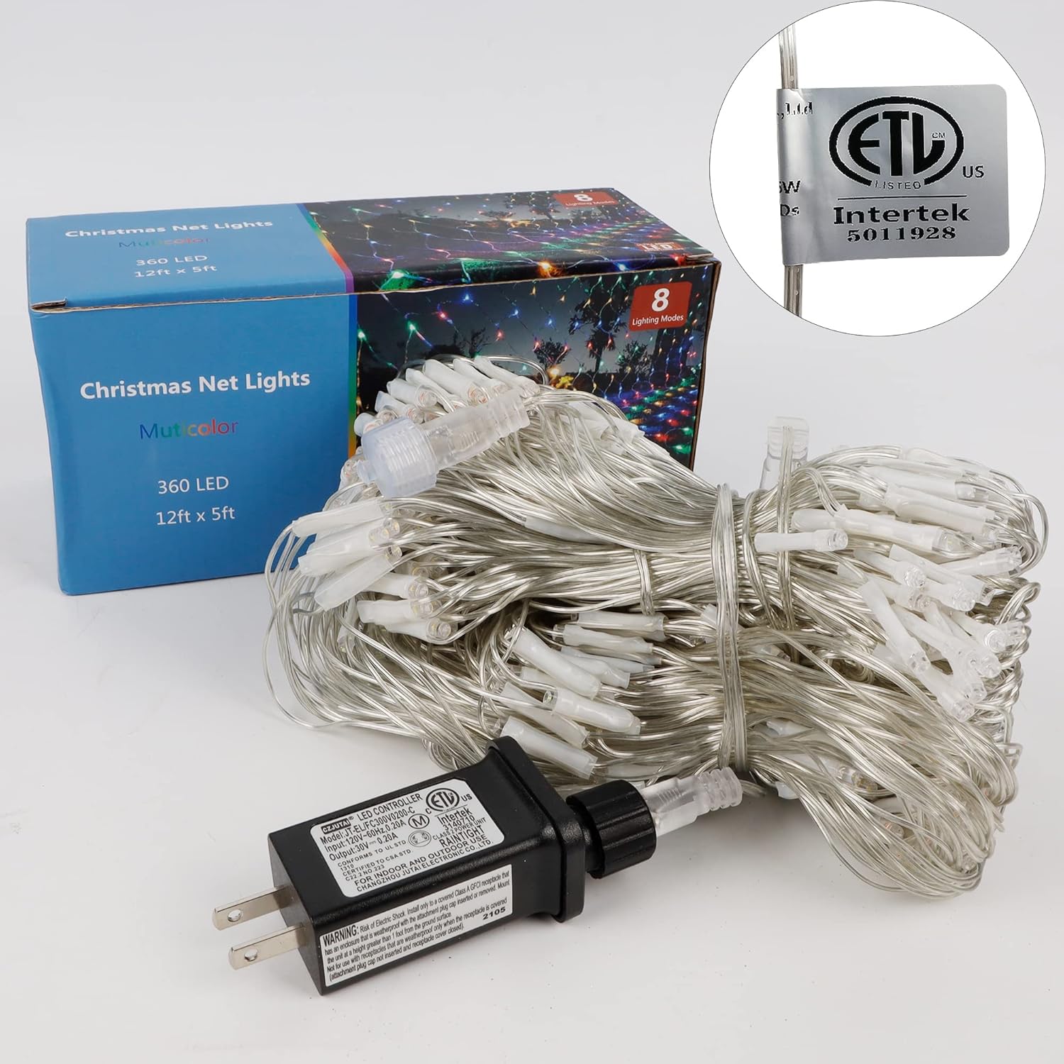 WATERGLIDE Outdoor Christmas Mesh Net Lights 12ft x 5ft 360 LED 8-Mode Set for Family Backyard, Playhouse, and Kids' Holiday Displays